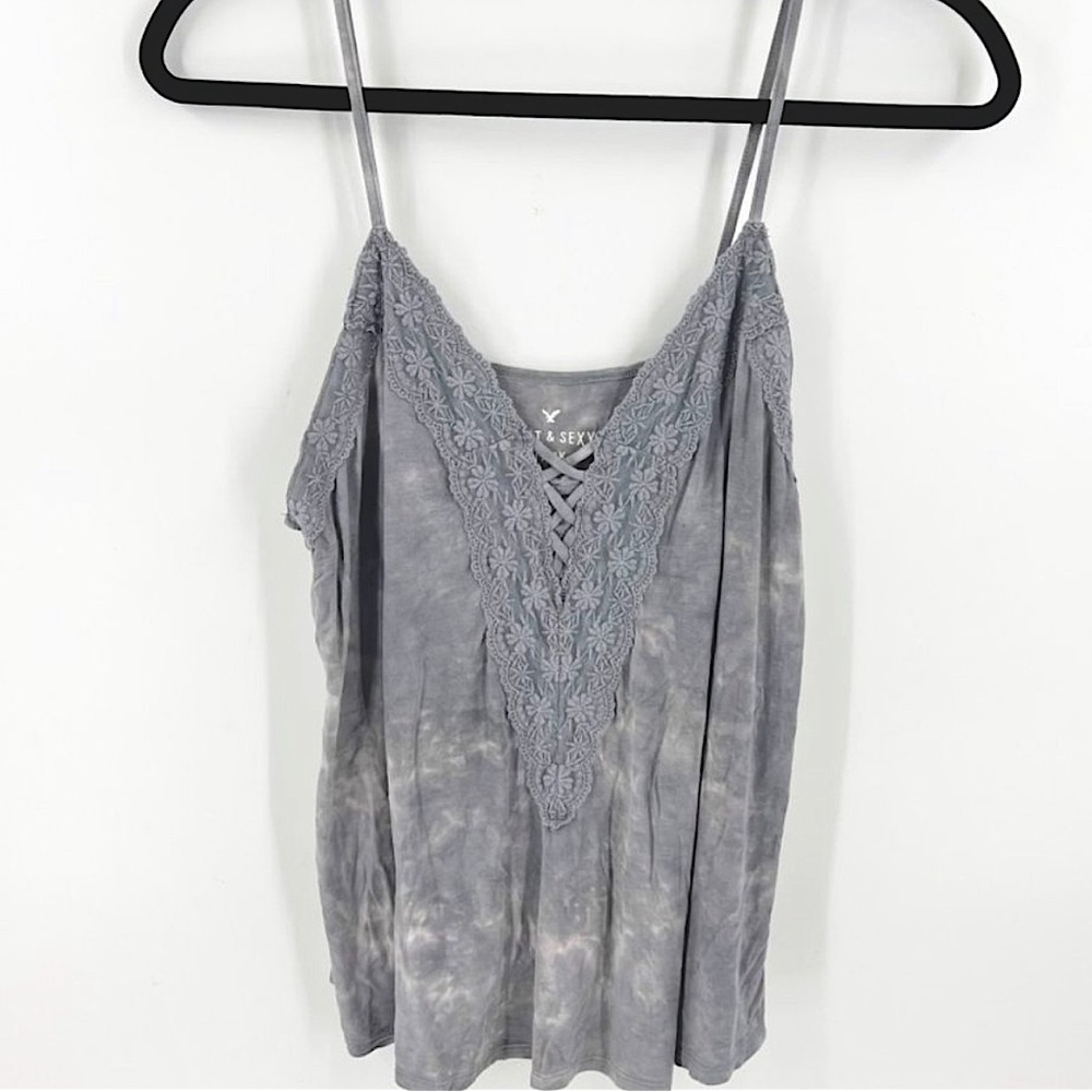 American Eagle Soft & Sexy Tie-Dye Grey Tank Top with Lace Detail